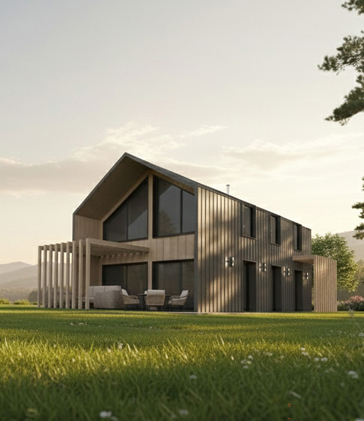 Prefabrykowany dom z dużymi przeszkleniami i ogrodem