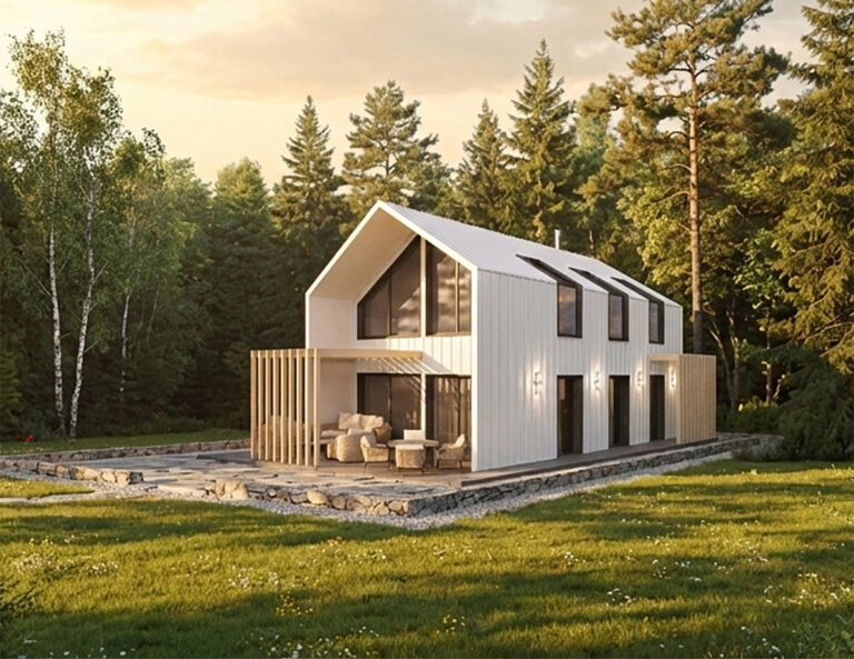 Dom typu stodoła z dużymi oknami w salonie