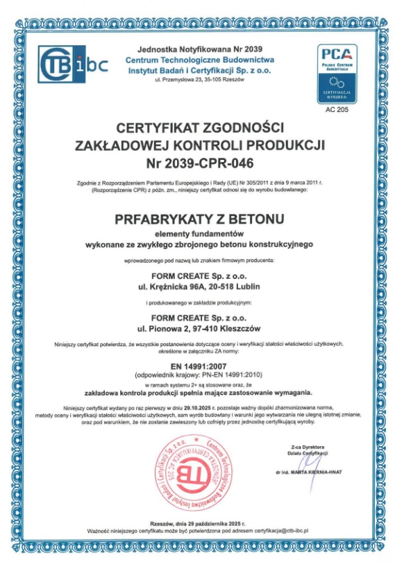 Certyfikat zgodności zakładowej kontroli produkcji